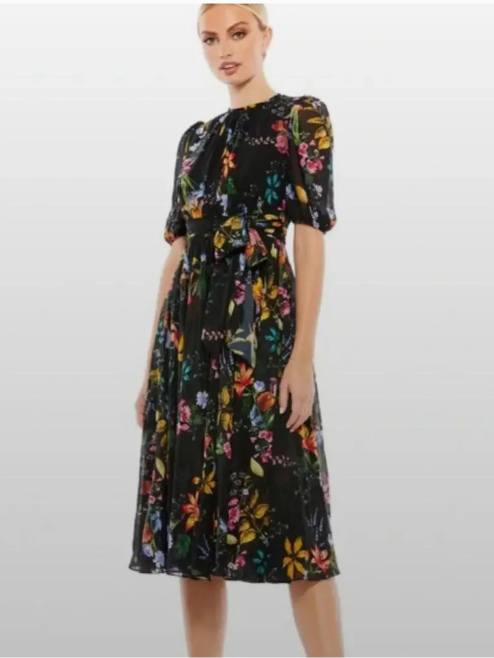Mac Duggal Ieena Floral Tie-Waist Midi Dress in Black